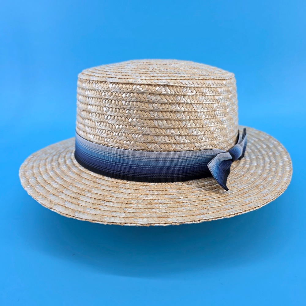 Babeyond Straw‎ Boater Hat Mens/Womens Blue Gradient Ribbon Flat Top Skimmer L